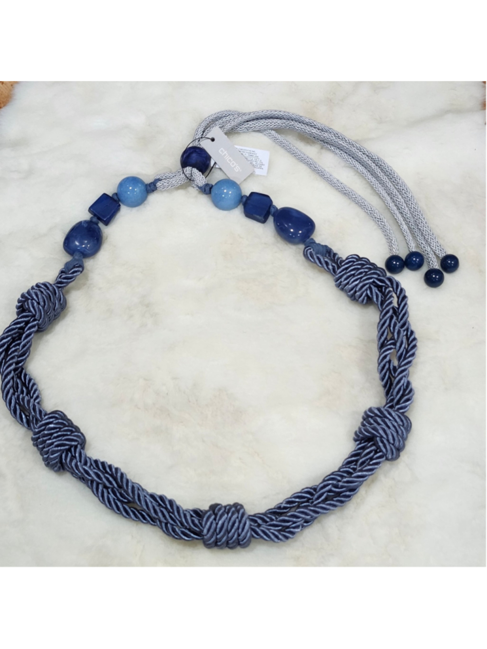Chicos Chunky Blue Macramé Yarn Rope Glass Resin Ceramic Statement Necklace new
